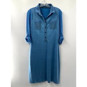 Elie Tahari Women's Blue Solid Linen Half Button Roll Tab Sleeve Shirt Dress XS